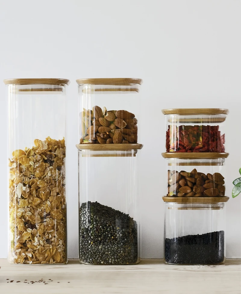Pebbly Square Glass Canisters With Bamboo Lid Assorted, Set of 4