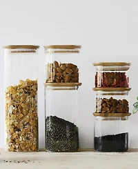 Pebbly Square Glass Canisters With Bamboo Lid Assorted, Set of 4