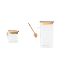 Pebbly Square Glass Bamboo Canisters with Scoop, Set of 2