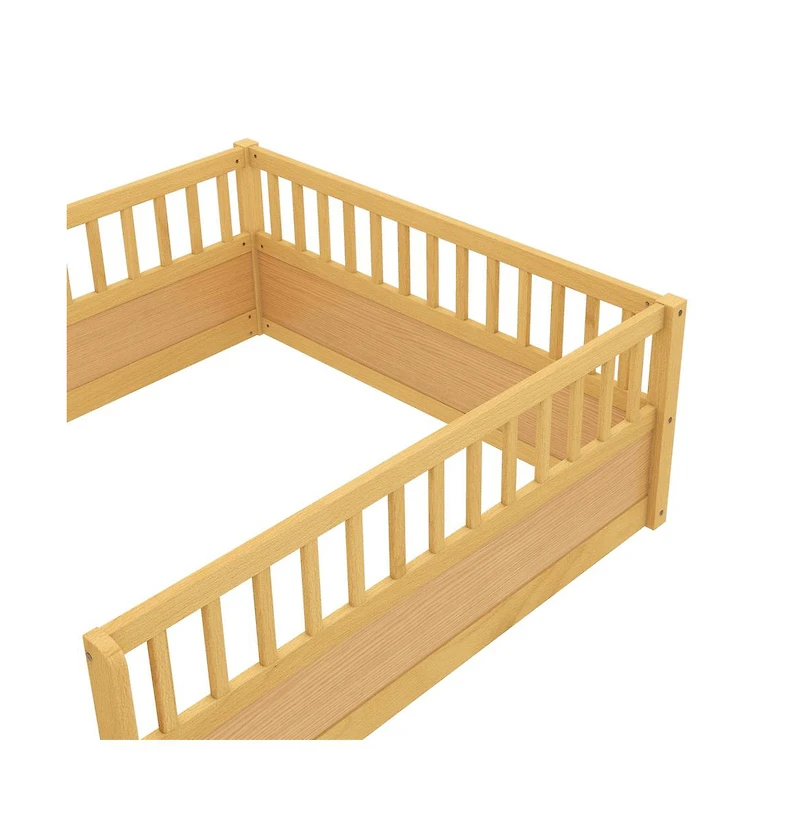 Cesicia Montessori Wooden Floor Bed with Safety Fence Kids Low Profile Play Bed Frame for Bedroom & Playroom