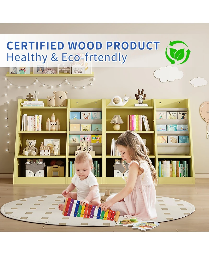 Cesicia Yellow Wooden Kids Bookshelf Baby Sling Book Rack Shelf for Playroom