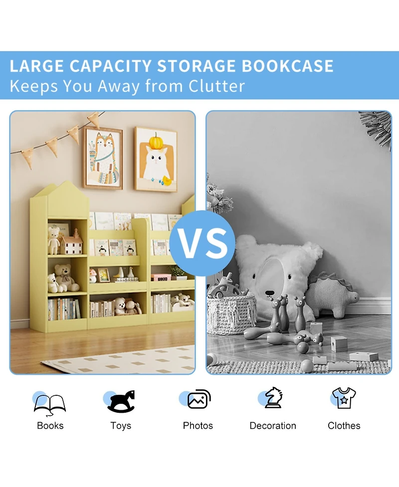 Cesicia Yellow Wooden Kids Bookshelf with 6 Compartments for Books