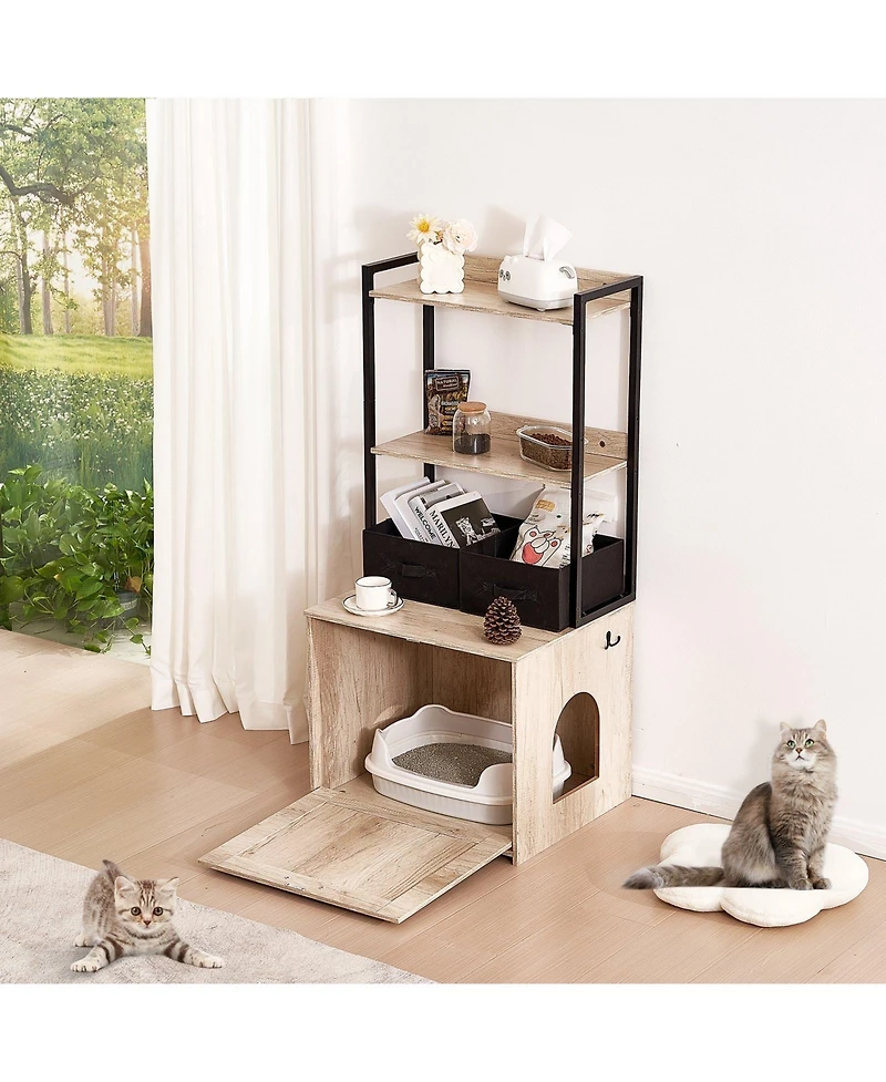 Cozito Wooden Litter Box Enclosure with Storage Shelves & Baskets, Natural
