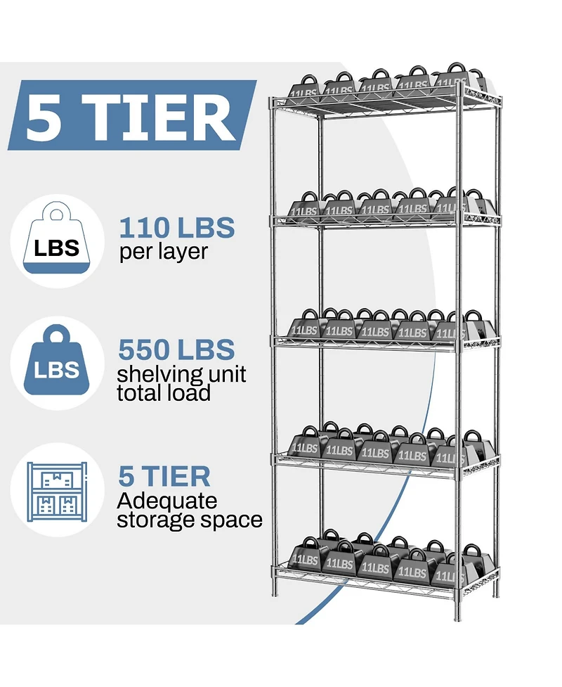 Lovmor 5-Tier 21 in W x 59 in H x 12 in D Height Adjustable Garage Wire Shelving Unit