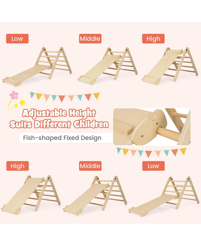 Sugift 3-in-1 Climbing Set Foldable and Adjustable Kids Triangle Set-Natural