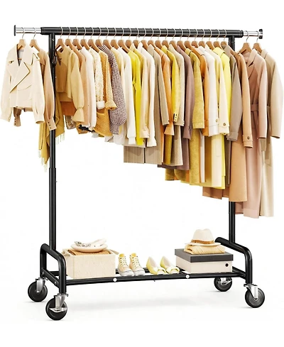 Raybee 75" W Heavy Duty Clothes Rack Load 450 Lbs, Metal Garment Storage with Shelf, Lockable Wheels & Anti-Slip Stoppers, Rolling Clothing Rack