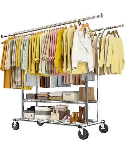 Raybee 74" W Heavy Duty Clothes Rack, Double Rods Clothing Rack Load 630 Lbs, Rolling Clothes Racks for Hanging Clothes 400+, Garment Rack