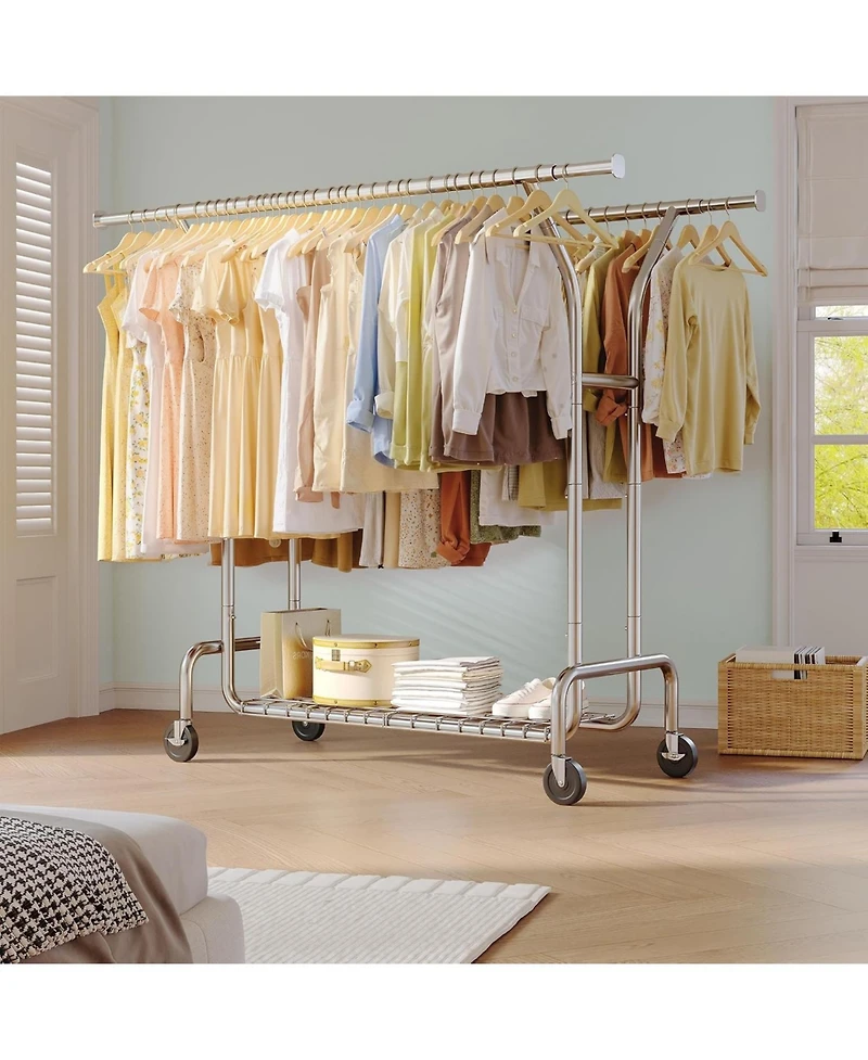 Raybee Double Rods Rolling Clothing Rack with 360° Lockable Wheels, Easy Assembly, Portable Adjustable Garment Rack with Shelves