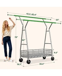 Raybee Double Rod Clothing Rack with Storage Basket, Portable Heavy-Duty Garment Rack, Adjustable for Bedroom, Closet, Commercial