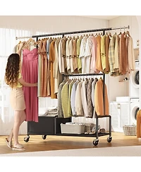 Raybee Clothes Racks for Hanging Clothes with Shelves, Adjustable Clothing Rack with Lockable Wheels, Heavy Duty Garment Racks for Hanging Clothes