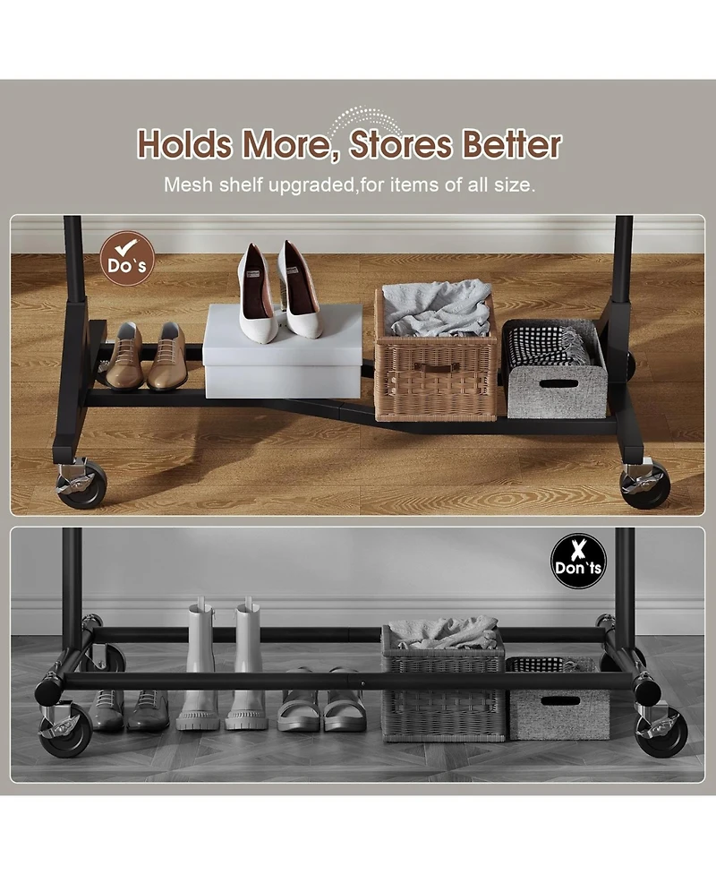 Raybee Clothes Rack, 400LBS Clothing Rack for Hanging Clothes 200+, Extendable Rolling Clothes Rack with Sturdy Wheels & Shelves