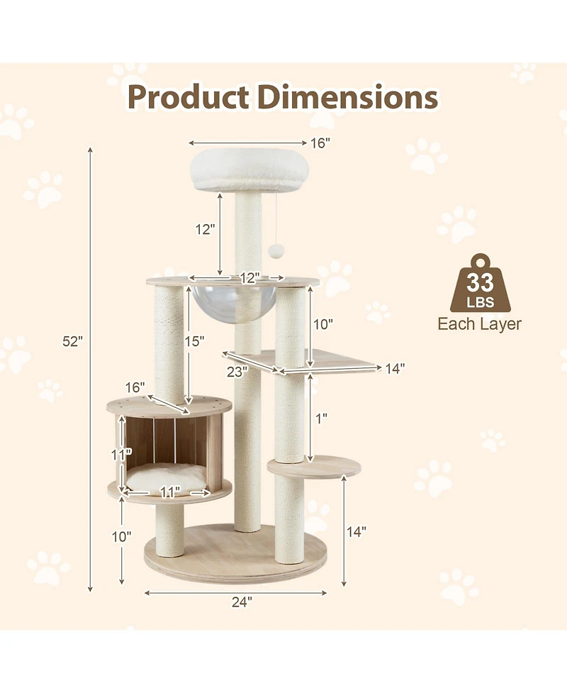 Gymax 52'' Tall Wooden Cat Tree w/Condo Perch Space Capsule Scratching Posts