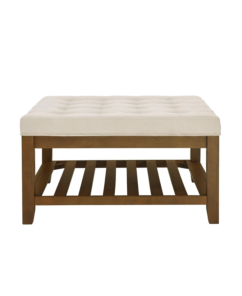 sumyeg Ivory Upholstered Square Ottoman Coffee Table with Tufted Linen and Beech Wood Shelf