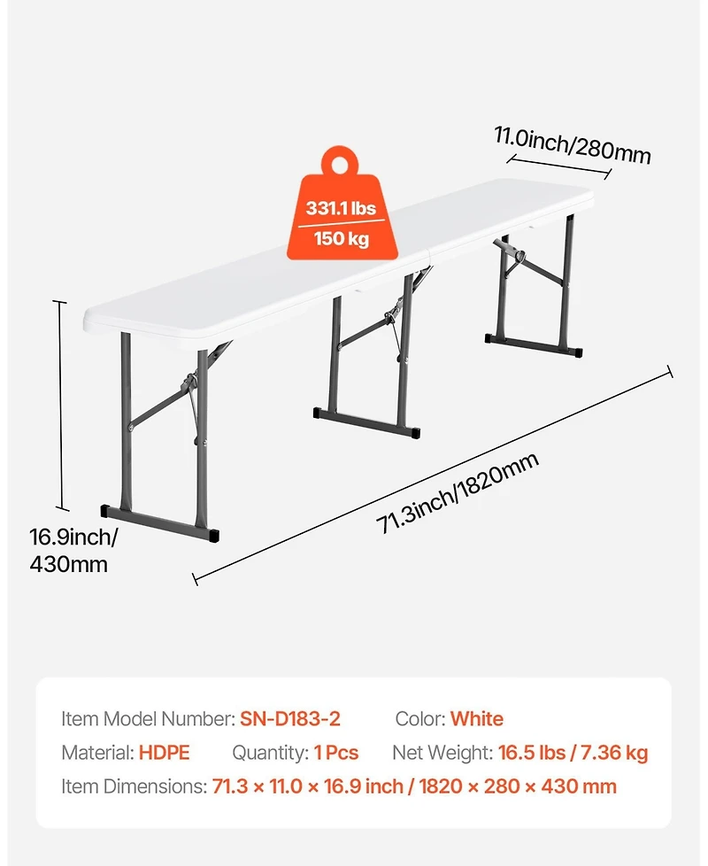 Mecale Plastic Folding Bench, 6 ft Portable Foldable Hdpe Bench for Indoor Outdoor Picnic, Patio, Camping and Events, 1 Pack, White