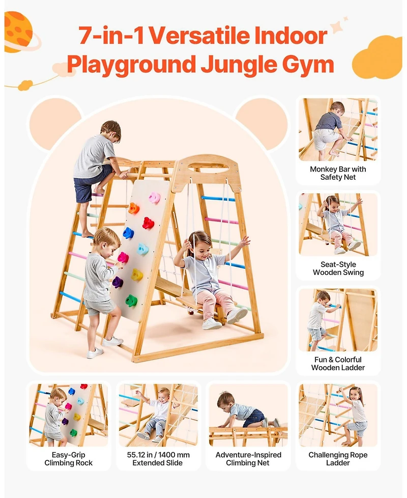 Mecale 7-in-1 Wooden Indoor Playground with swing, slide, monkey bar, ladders & net, holds up to 250 lbs.