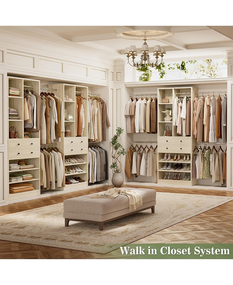 Aheaplus 2.4-8 Ft Wide Adjustable Closet Organizer, System with 2 Drawers, 5 Hanging Rods, Shoe Racks and Shelves