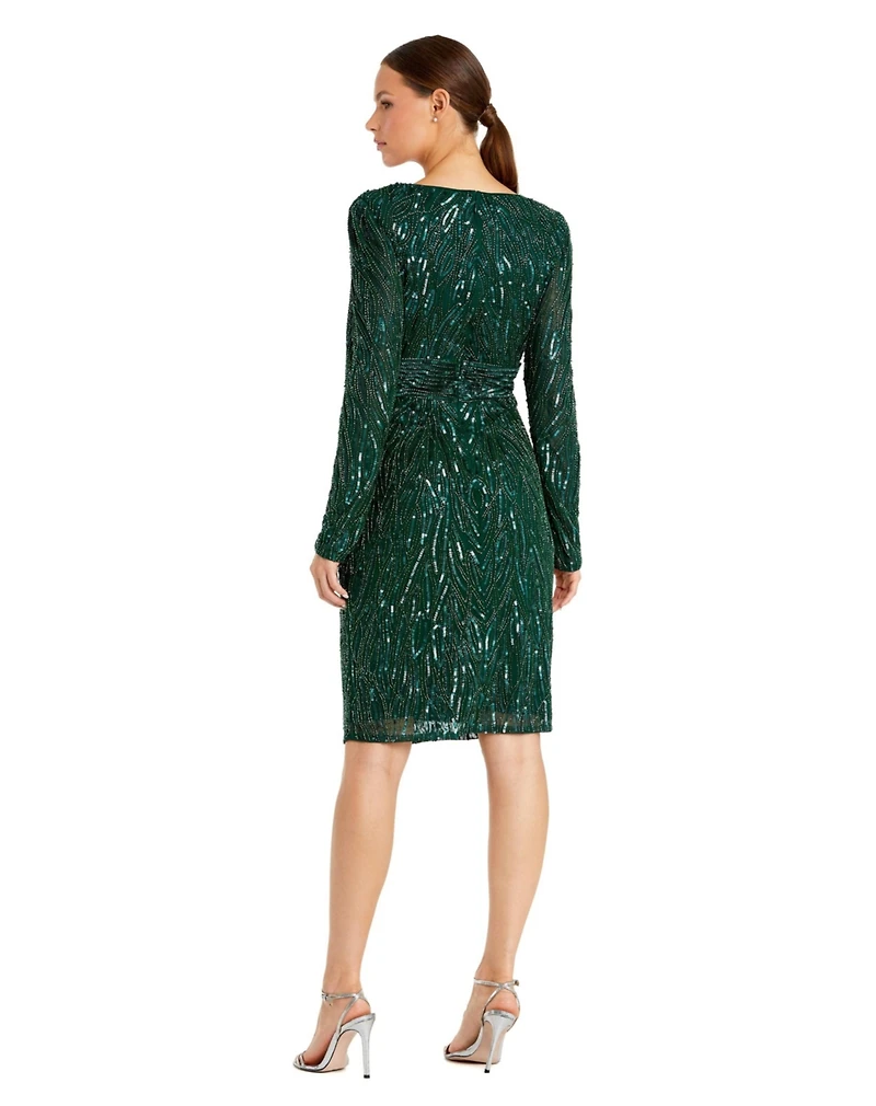 Mac Duggal Women's Long Sleeve Embellished Sequin Cocktail Dress