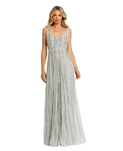 Mac Duggal Women's Scoop Neck A-Line Gown with Striped Beading