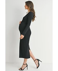 Hello Miz Maternity Sweatheart Long Sleeve Back Slit Ribbed Midi Dress