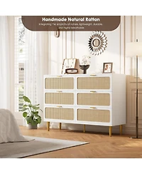 gaomon 6-Drawer Rattan Dresser, Wide Top, Large Double Chest for Bedroom, Closet, Living Room, Hallway, Kids Room, White