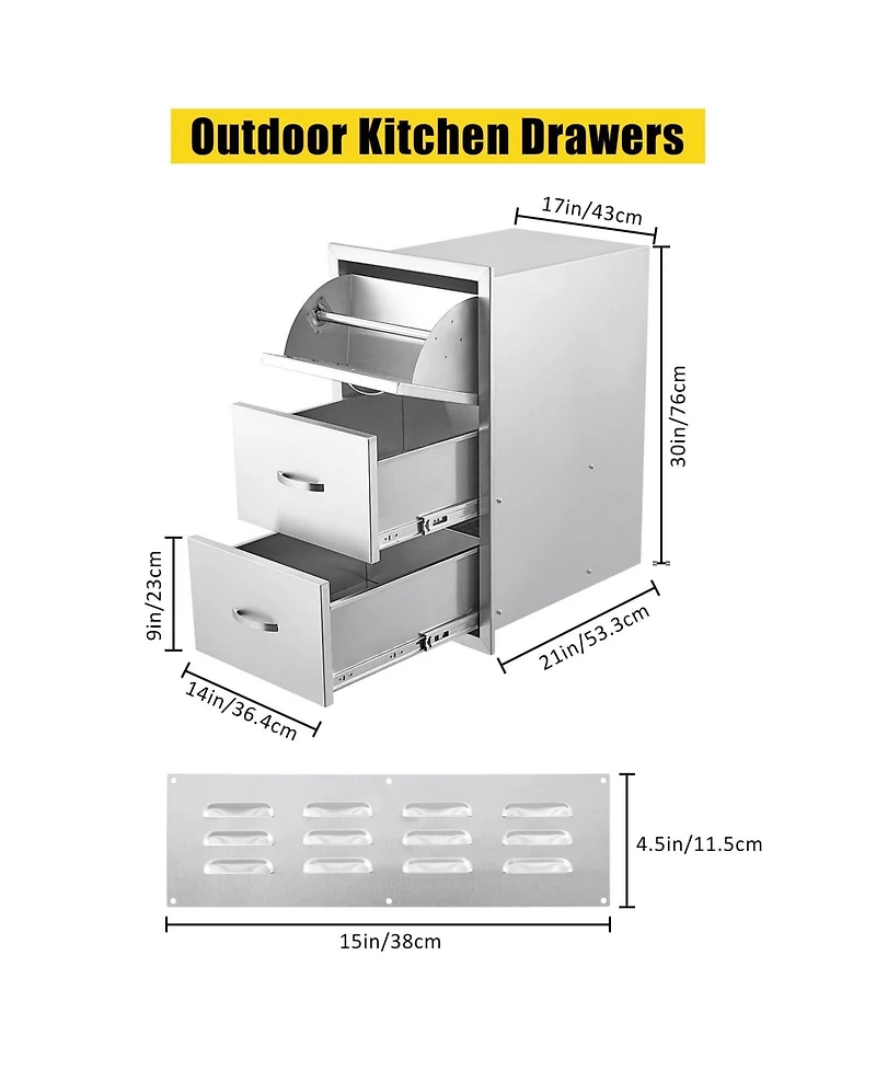 gaomon 17W x 21D x 30H Inch Outdoor Kitchen Drawers, Paper Towel Holder, Triple Stainless Steel Bbq Drawers, Grill Station
