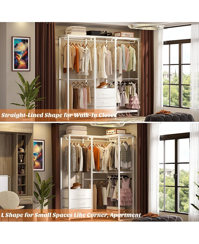 Aheaplus Heavy Duty Closet Rack with 5 Hanging Rods & 3 Fabric Drawers, Reversible Garment Rack with Shelves for Closet/Bedroom