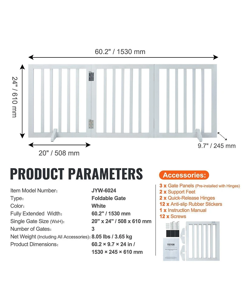 Cozito 3-Panel Foldable Freestanding Pet Gate, 60" W x 24" H, White