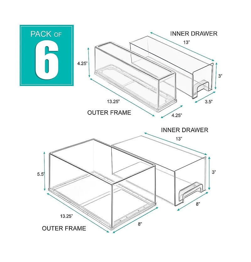 Sorbus 2 Large & 4 Small Clear Stackable Fridge Drawers with Handles - Food Storage Containers for Kitchen, Freezer, Vanity & Fridge