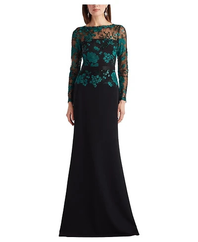 Tadashi Shoji Women's Beacon Belted Embroidered Illusion Gown