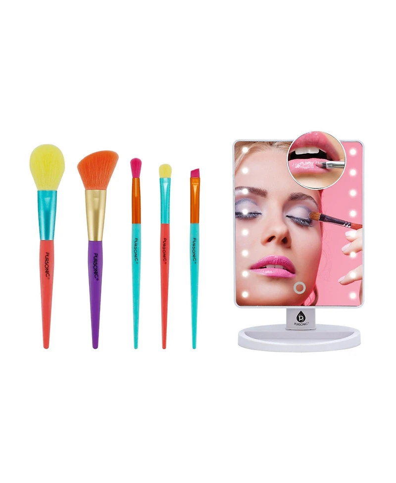 Pursonic Makeup Essentials Duo – Led Countertop Mirror + 5-Piece Brush Set