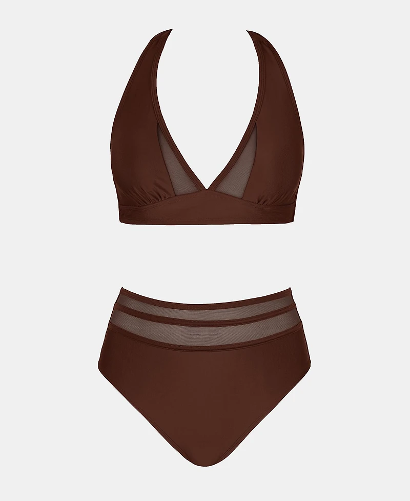 Cupshe Women's Halter V Neck Tie Back Mesh Panel Bikini Sets