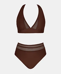 Cupshe Women's Halter V Neck Tie Back Mesh Panel Bikini Sets