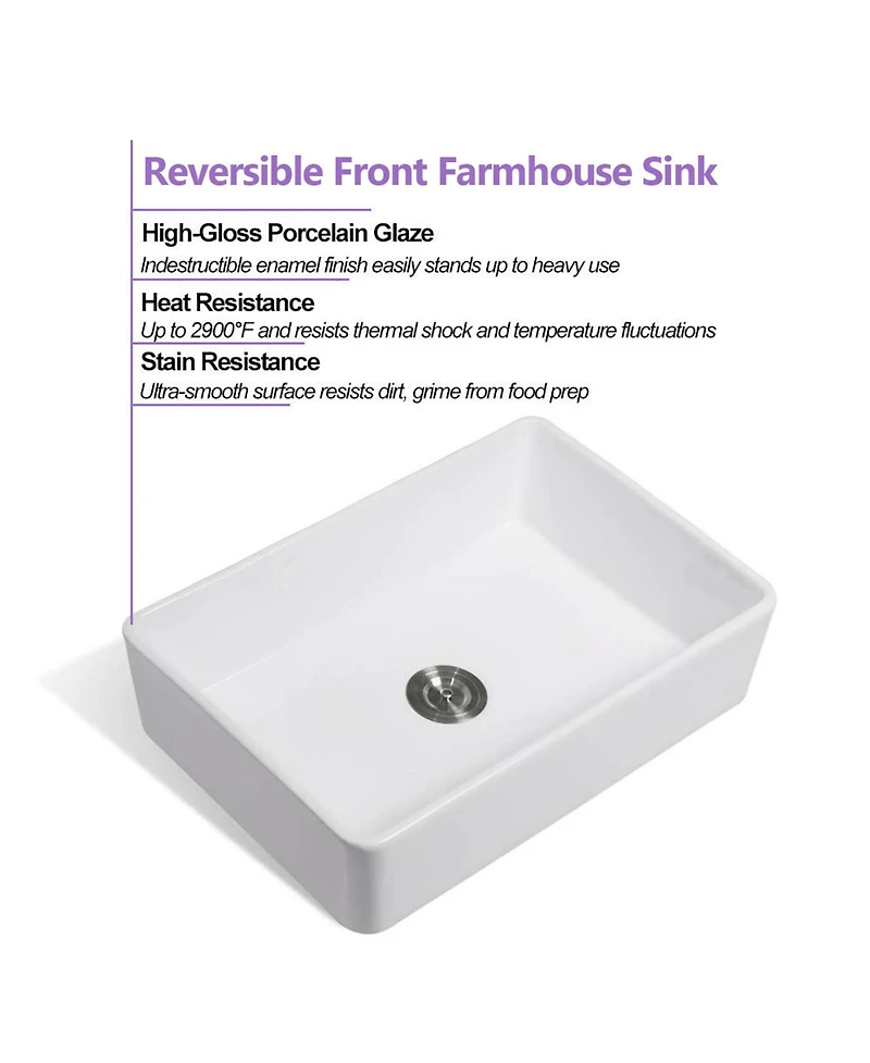 Flynama White Ceramic Farmhouse Kitchen Sink, Single Basin, Apron Front, Heat & Stain Resistant with Basket Strainer, 33" x 20" x 10"