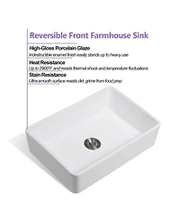 Flynama White Ceramic Farmhouse Kitchen Sink, Single Basin, Apron Front, Heat & Stain Resistant with Basket Strainer, 33" x 20" x 10"