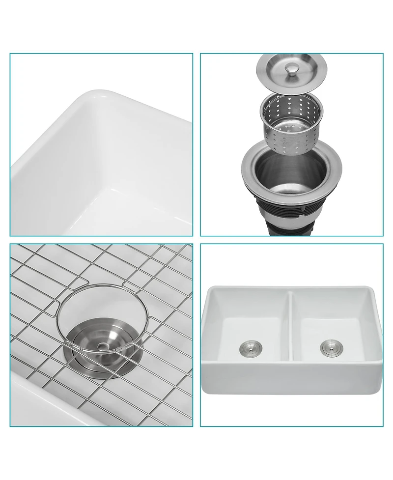 Flynama White Ceramic Porcelain Farmhouse Kitchen Sink, Double Bowl, Apron Front, 32" x 20" x 9"