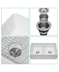 Flynama White Ceramic Porcelain Farmhouse Kitchen Sink, Double Bowl, Apron Front, 32" x 20" x 9"