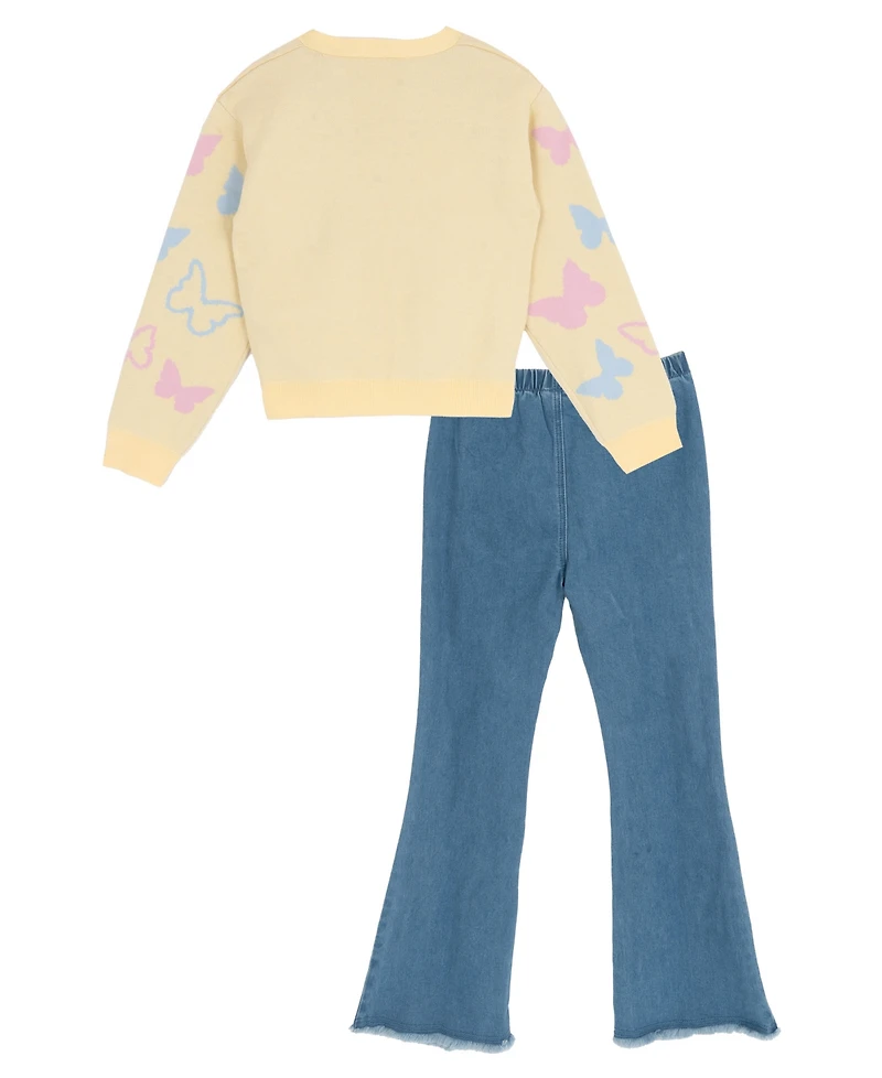 Rare Editions Girls' 7-16 Button Down Sweater with T-Shirt and Flare Pants, 3-Piece Set