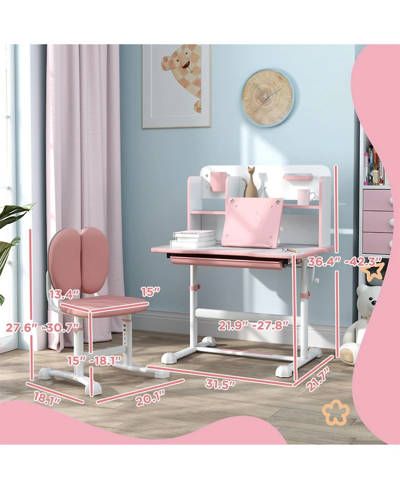 Jujabu Kids Desk and Chair Set Height Adjustable Study Desk with Tilt Desktop Storage Drawer Reading Rack for Writing Reading Drawing Pink