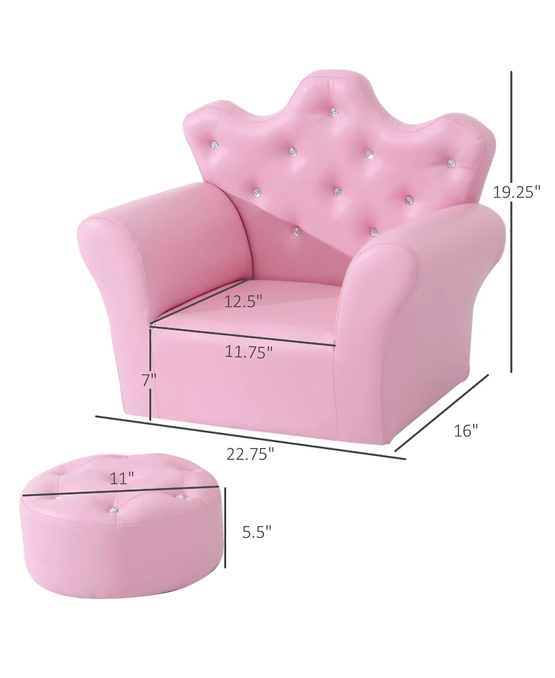 Jujabu Kids Sofa Set Upholstered Children Sofa with Footstool Princess Sofa with Diamond Decorations for Toddlers Girls Pink