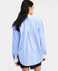 Bar Iii Women's Contrast-Collar Striped Shirt, Macy's Exclusive