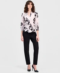 Anne Klein Women's 3/4 Sleeve Floral-Print Twisted-Front V-Neck Top