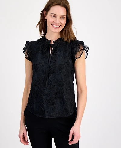 Anne Klein Women's Ruffled-Sleeve Tie-Front Lace Top