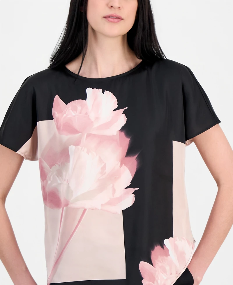 Anne Klein Women's Printed Boat-Neck Short-Sleeve Top