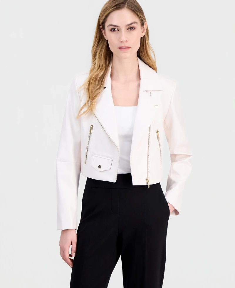 Anne Klein Women's Faux Leather Cropped Moto Jacket
