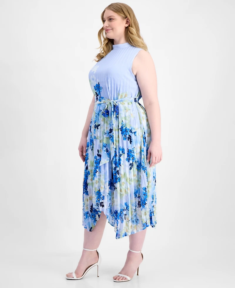 Tahari Asl Plus Printed Pleated Sleeveless Midi Dress