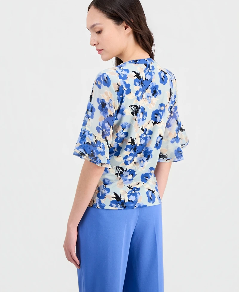 Anne Klein Essentials Petite Ruffle-Cuff Split-Neck Top