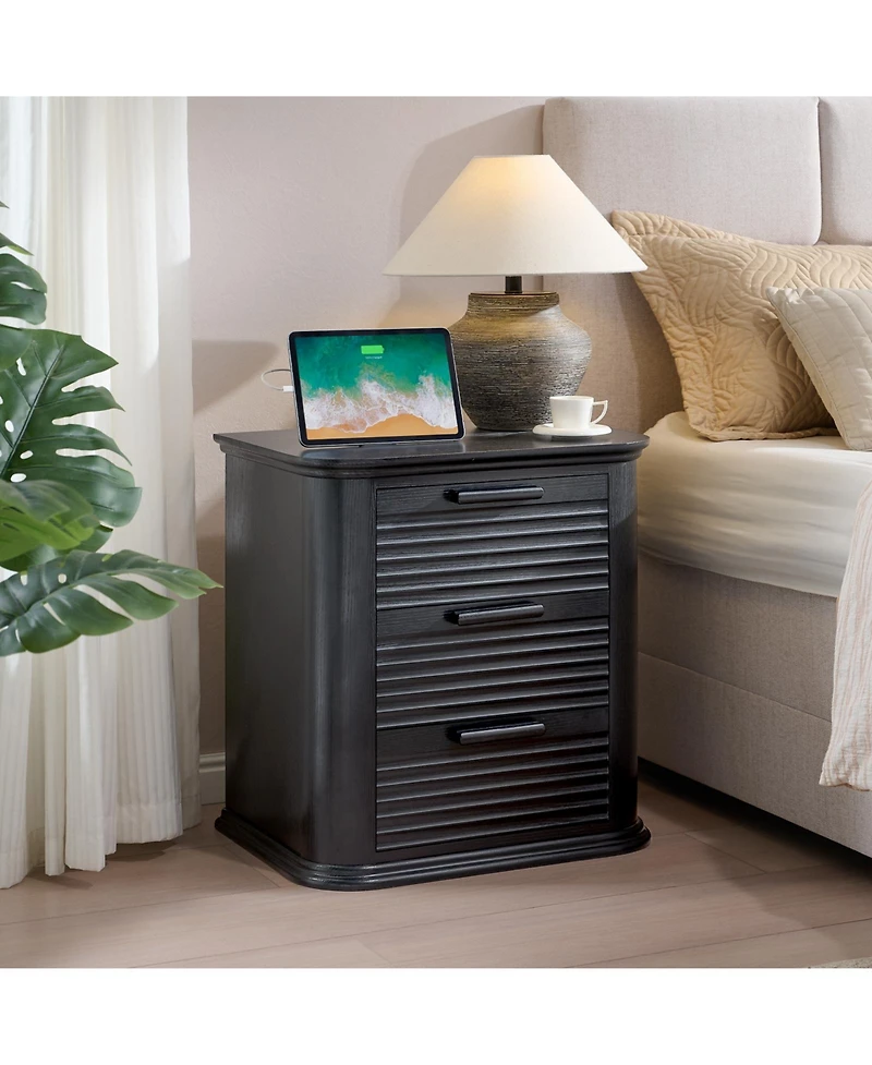Cesicia Wood 22 in. Fluted Nightstand with Charging Station and 3 Drawer Dresser, Modern End Table for Living Room, Bedroom, Home Office