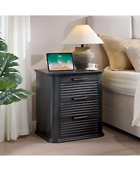 Cesicia Wood 22 in. Fluted Nightstand with Charging Station and 3 Drawer Dresser, Modern End Table for Living Room, Bedroom, Home Office