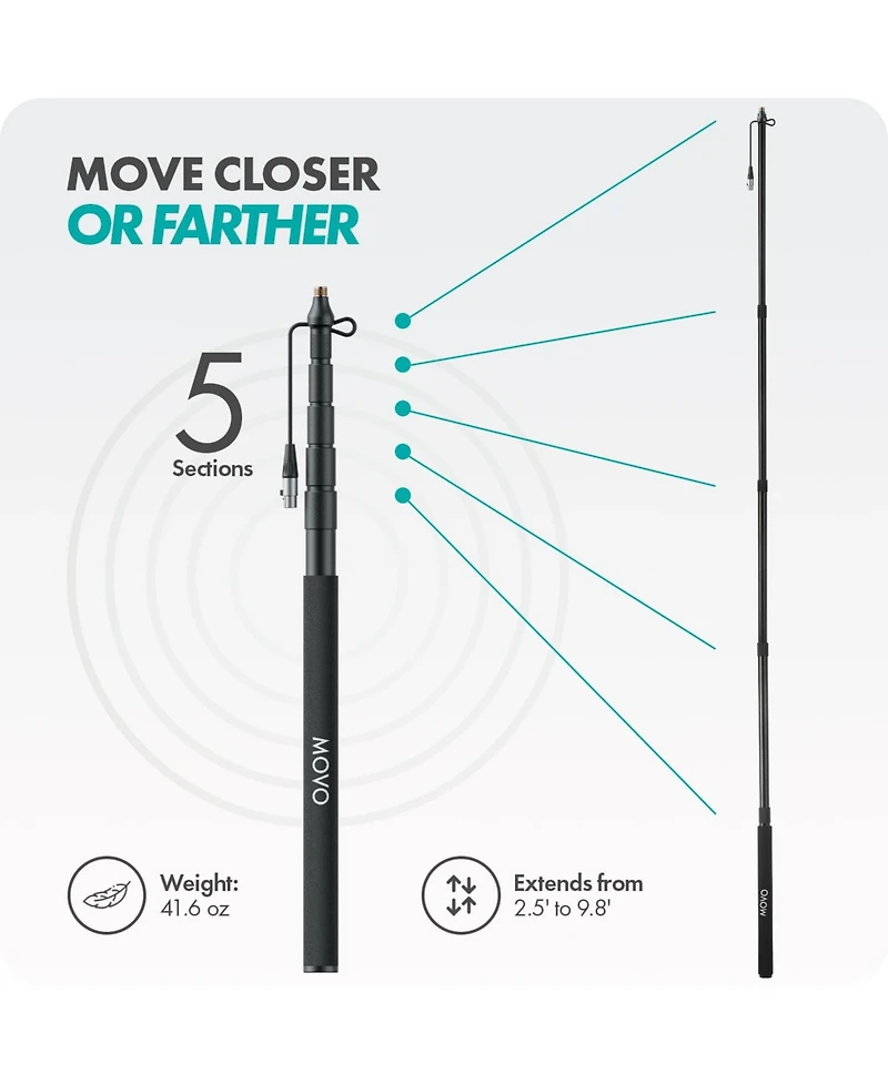 Movo Cmp-17C Professional 9.8' Aluminum Boom Pole for Shotgun Microphones with Internal Xlr Cable