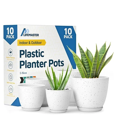 Lifemaster 10-pack white & gray plant pots with drainage holes & saucers, stackable, durable, weatherproof for indoor/outdoor use